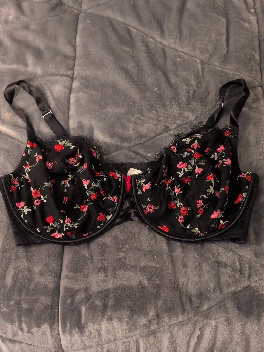 Cacique Black Underwire Bra with Red & Pink Floral Embroidery